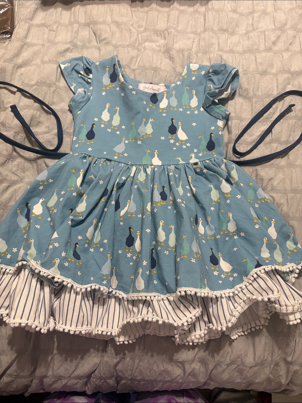 Girl August Boutique Duck Print Blue Dress with Striped Ruffle